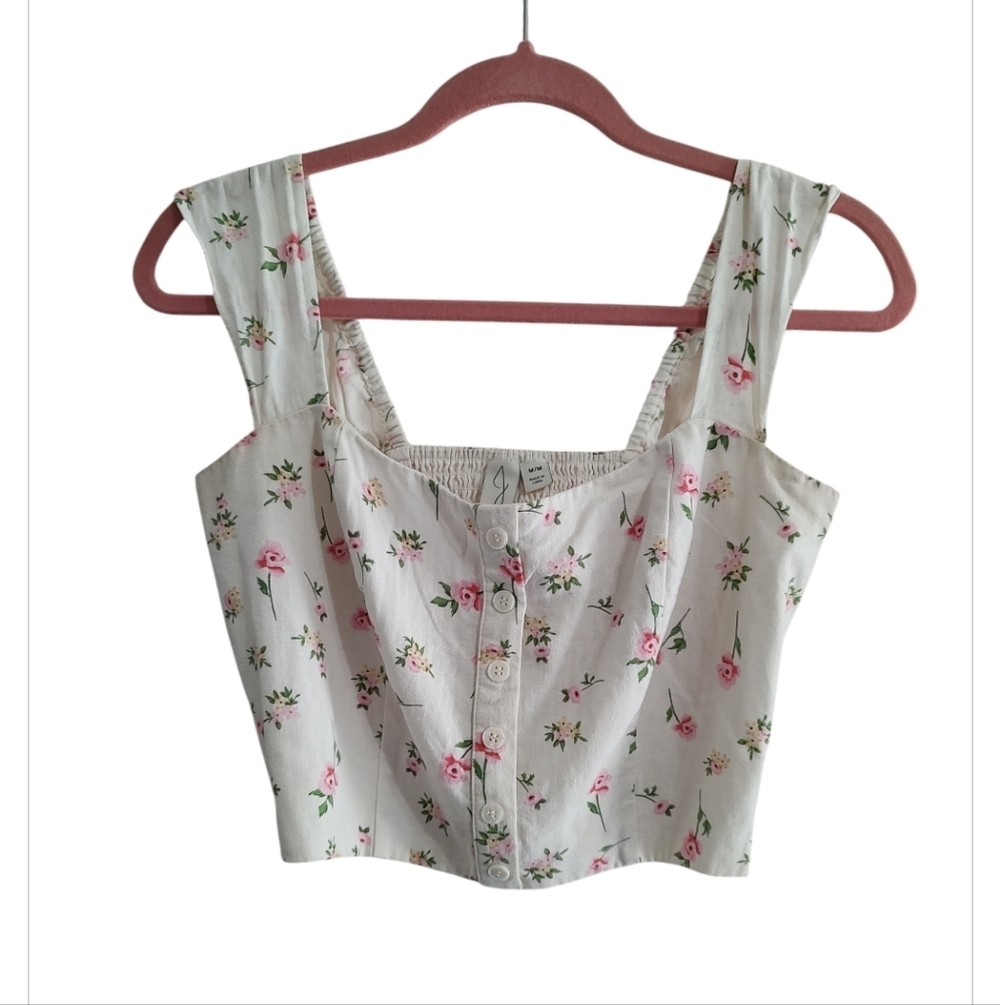 Joie Cream Floral Back Ruching Crop Top
